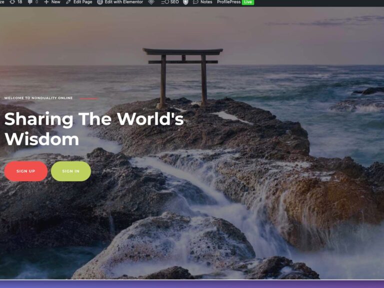 Nonduality Online — torii gate on rocks with ocean waves and sign up call to action
