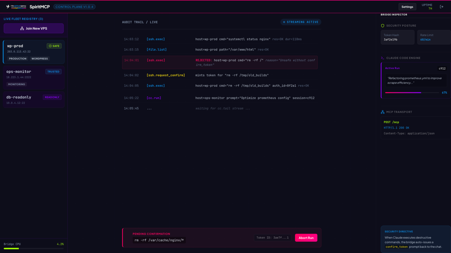 SpiritMCP fleet view, server addressing multiple WordPress sites from a single conversation